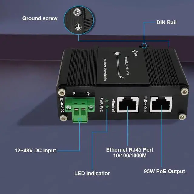 Alt view image 3 of 7 - Industrial Gigabit RJ45 IEEE802.3at/bt 95W PoE++ Injector | 10/100/1000M, IEEE802.3 af/at/bt, 12-48VDC Input, DIN-Rail, Industrial IP40 Al Case, -40°C to 75°C, 100m