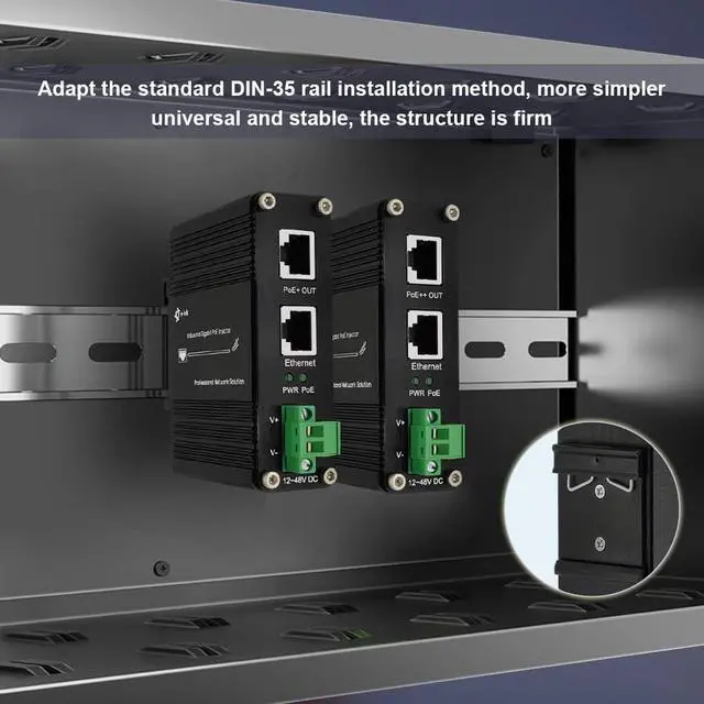 Alt view image 6 of 7 - Industrial Gigabit RJ45 IEEE802.3at/bt 95W PoE++ Injector | 10/100/1000M, IEEE802.3 af/at/bt, 12-48VDC Input, DIN-Rail, Industrial IP40 Al Case, -40°C to 75°C, 100m
