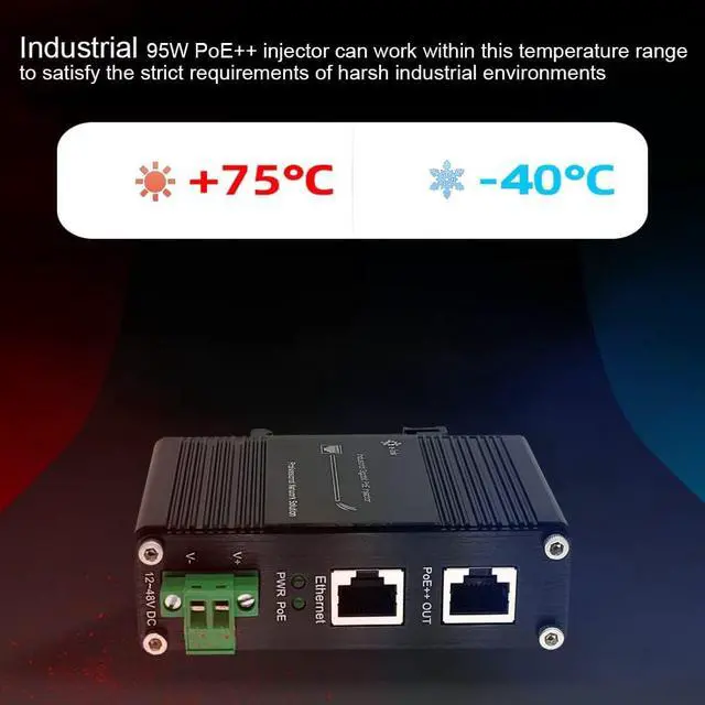 Alt view image 7 of 7 - Industrial Gigabit RJ45 IEEE802.3at/bt 95W PoE++ Injector | 10/100/1000M, IEEE802.3 af/at/bt, 12-48VDC Input, DIN-Rail, Industrial IP40 Al Case, -40°C to 75°C, 100m
