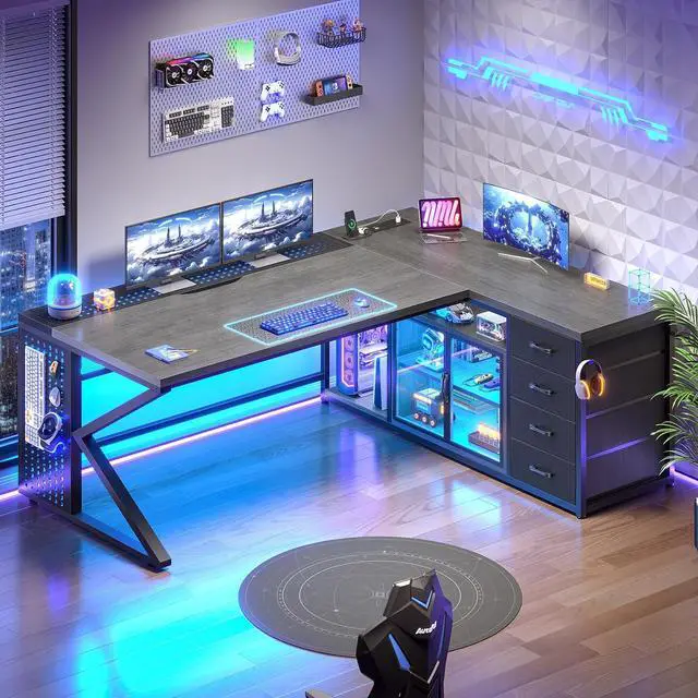 Main image of 63"x27.6" L Shaped Gaming Desk with 4 Drawers Storage, Grey | Corner Office Desk with LED Lights & Acrylic Cabinet for Home Office, Executive Computer Desk for Bedroom
