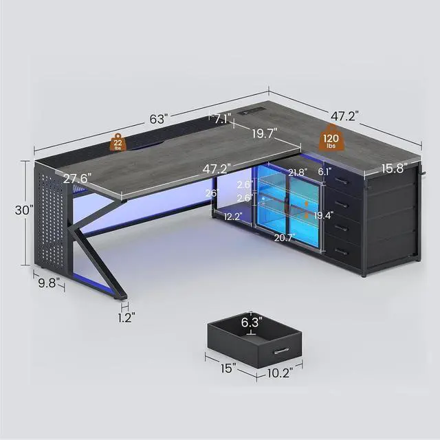 Alt view image 6 of 7 - 63"x27.6" L Shaped Gaming Desk with 4 Drawers Storage, Grey | Corner Office Desk with LED Lights & Acrylic Cabinet for Home Office, Executive Computer Desk for Bedroom