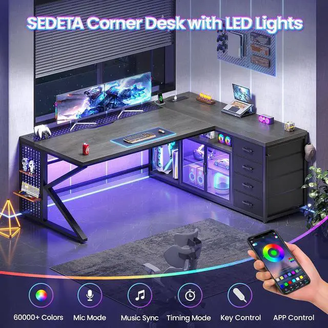 Alt view image 7 of 7 - 63"x27.6" L Shaped Gaming Desk with 4 Drawers Storage, Grey | Corner Office Desk with LED Lights & Acrylic Cabinet for Home Office, Executive Computer Desk for Bedroom