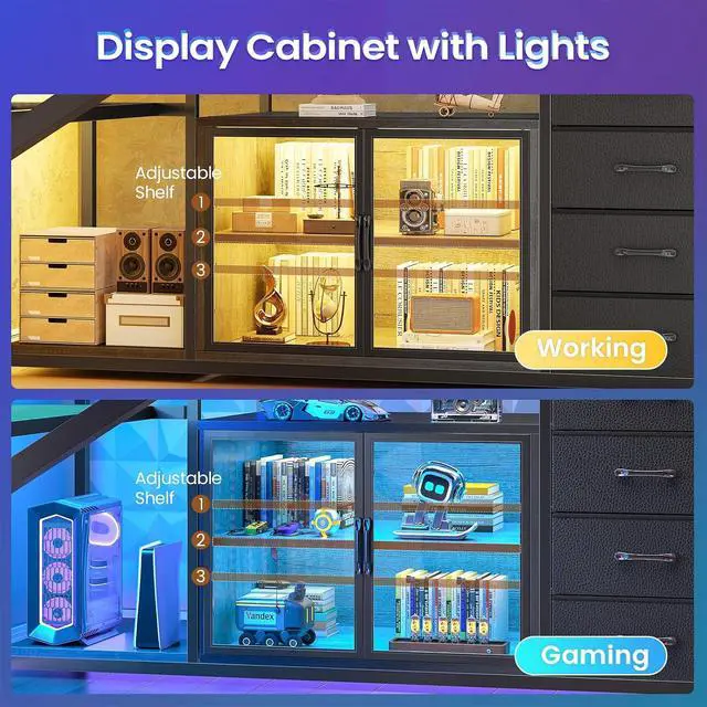 Alt view image 2 of 7 - 63"x27.6" L Shaped Gaming Desk with 4 Drawers Storage, Grey | Corner Office Desk with LED Lights & Acrylic Cabinet for Home Office, Executive Computer Desk for Bedroom