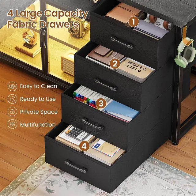 Alt view image 3 of 7 - 63"x27.6" L Shaped Gaming Desk with 4 Drawers Storage, Grey | Corner Office Desk with LED Lights & Acrylic Cabinet for Home Office, Executive Computer Desk for Bedroom