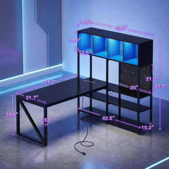 Alt view image 2 of 7 - 63" L Shaped Gaming Desk with Display Hutch and Large Desktop, Black | LED Lights, Power Outlets, PC Tower Display Shelf, Pegboard, Storage Shelves, Reversible Layout for Gaming and Home Office