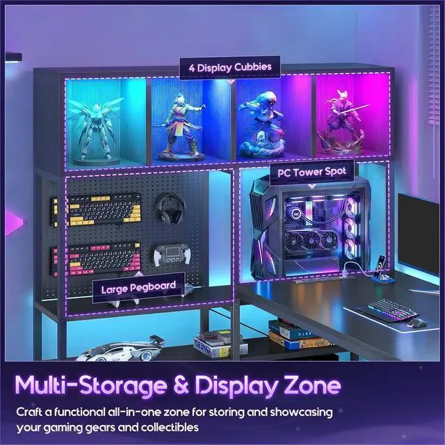 Alt view image 5 of 7 - 63" L Shaped Gaming Desk with Display Hutch and Large Desktop, Black | LED Lights, Power Outlets, PC Tower Display Shelf, Pegboard, Storage Shelves, Reversible Layout for Gaming and Home Office