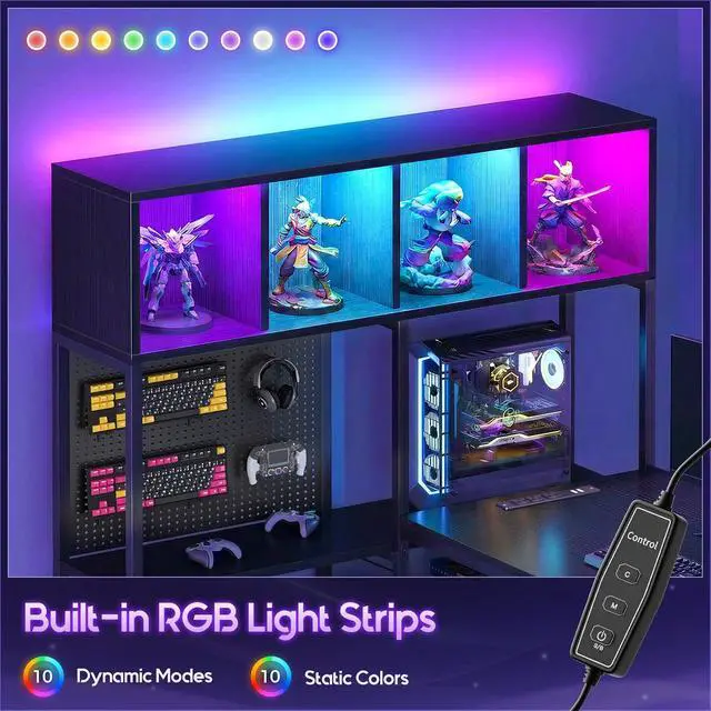 Alt view image 4 of 7 - 63" L Shaped Gaming Desk with Display Hutch and Large Desktop, Black | LED Lights, Power Outlets, PC Tower Display Shelf, Pegboard, Storage Shelves, Reversible Layout for Gaming and Home Office