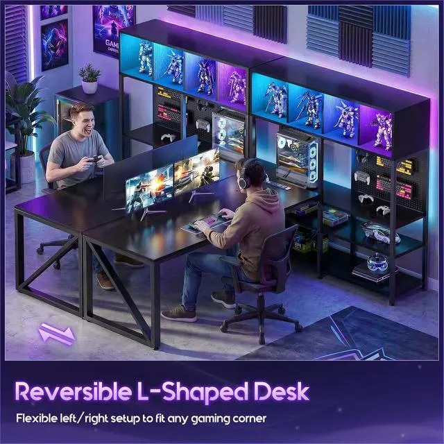 Alt view image 6 of 7 - 63" L Shaped Gaming Desk with Display Hutch and Large Desktop, Black | LED Lights, Power Outlets, PC Tower Display Shelf, Pegboard, Storage Shelves, Reversible Layout for Gaming and Home Office