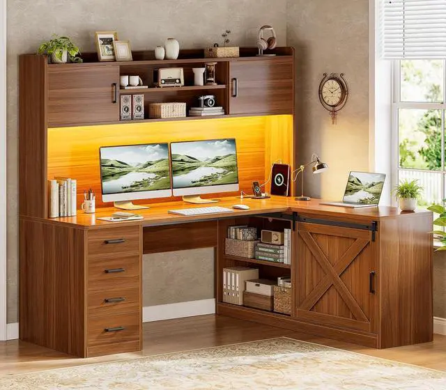 Main image of Farmhouse L Shaped Gaming Desk, 55 Corner Computer Desk with Storage Drawers and Hutch, Corner Gaming Desk with LED Light and Power Outlet for Home Office, Brown