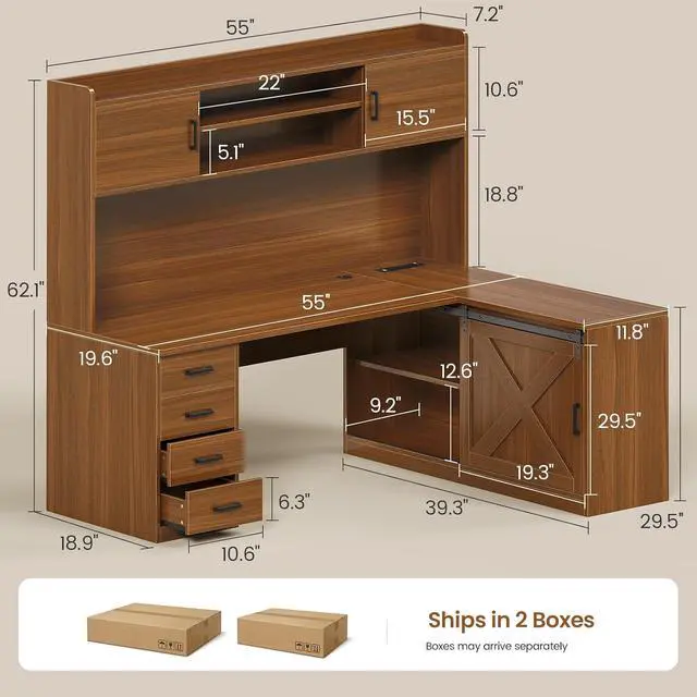 Alt view image 2 of 7 - Farmhouse L Shaped Gaming Desk, 55 Corner Computer Desk with Storage Drawers and Hutch, Corner Gaming Desk with LED Light and Power Outlet for Home Office, Brown