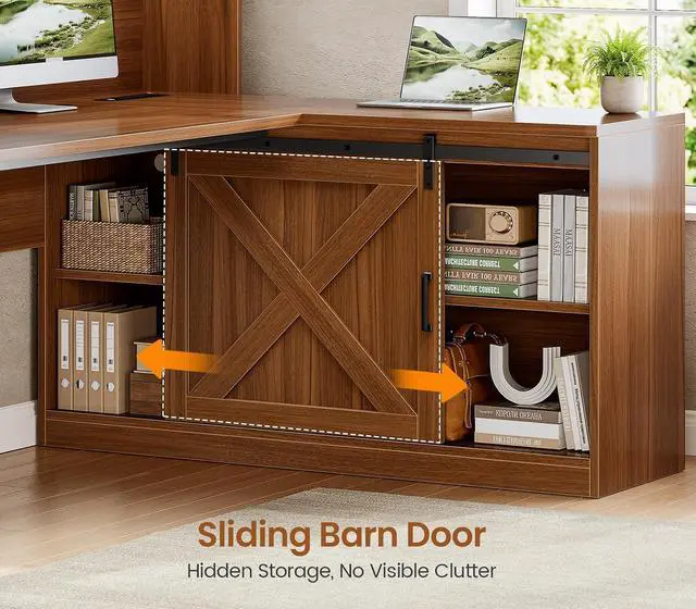 Alt view image 3 of 7 - Farmhouse L Shaped Gaming Desk, 55 Corner Computer Desk with Storage Drawers and Hutch, Corner Gaming Desk with LED Light and Power Outlet for Home Office, Brown
