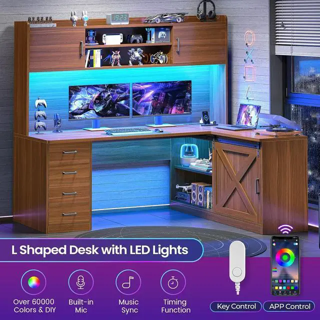 Alt view image 4 of 7 - Farmhouse L Shaped Gaming Desk, 55 Corner Computer Desk with Storage Drawers and Hutch, Corner Gaming Desk with LED Light and Power Outlet for Home Office, Brown