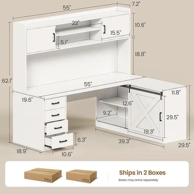 Alt view image 2 of 7 - Farmhouse L Shaped Gaming Desk, 55 Corner Computer Desk with Storage Drawers and Hutch, Corner Gaming Desk with LED Light and Power Outlet for Home Office, White