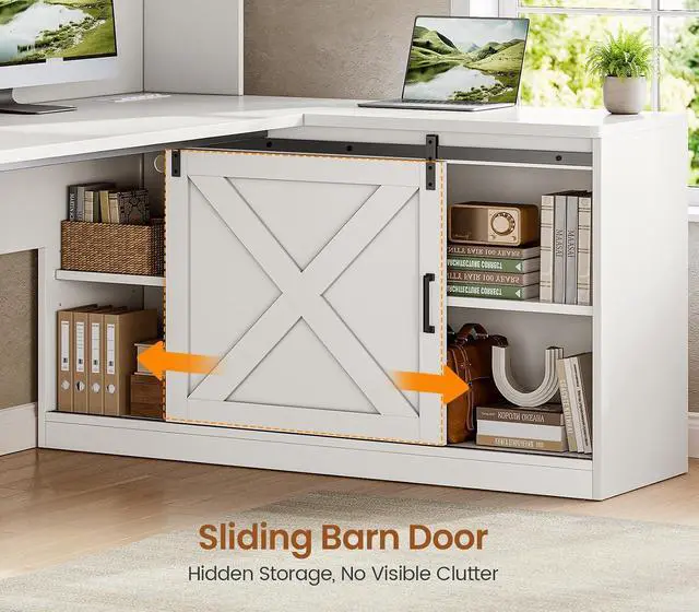 Alt view image 3 of 7 - Farmhouse L Shaped Gaming Desk, 55 Corner Computer Desk with Storage Drawers and Hutch, Corner Gaming Desk with LED Light and Power Outlet for Home Office, White