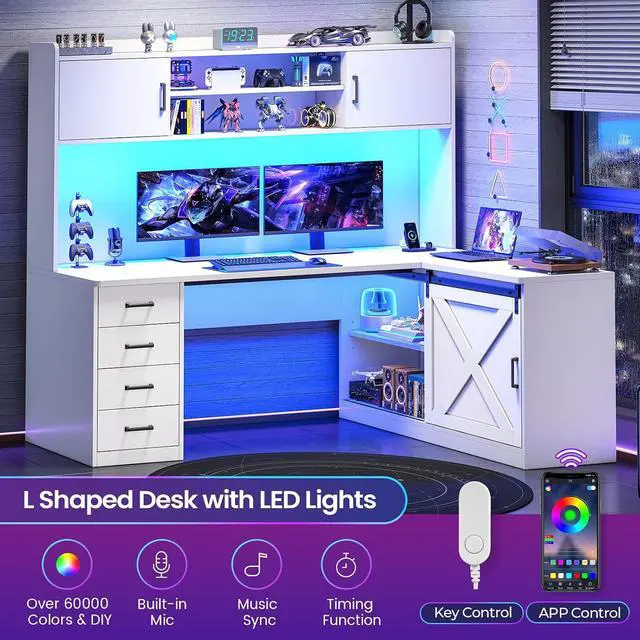 Alt view image 6 of 7 - Farmhouse L Shaped Gaming Desk, 55 Corner Computer Desk with Storage Drawers and Hutch, Corner Gaming Desk with LED Light and Power Outlet for Home Office, White