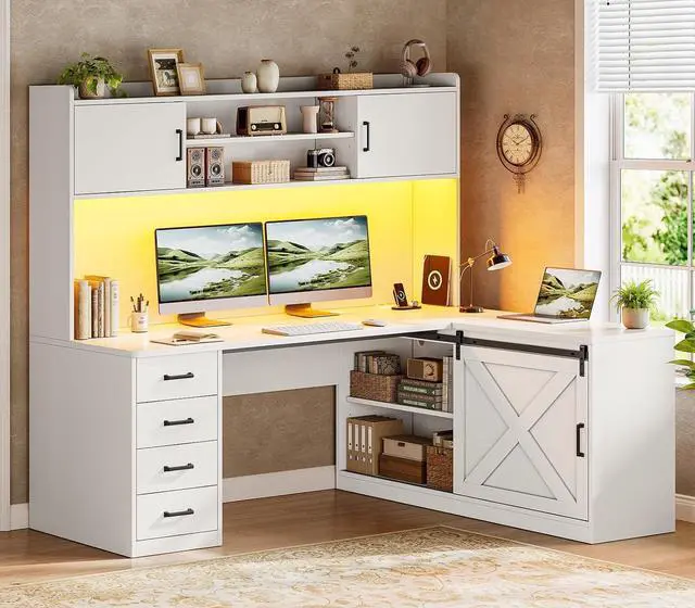 Main image of Farmhouse L Shaped Gaming Desk, 55 Corner Computer Desk with Storage Drawers and Hutch, Corner Gaming Desk with LED Light and Power Outlet for Home Office, White
