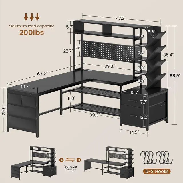 Alt view image 6 of 7 - L Shaped Gaming Desk with Hutch, Convertible 97.6" Two Person Office Desk with Drawers and Bookshelf, Corner Computer Desk with Power Outlet, LED Lights, Black