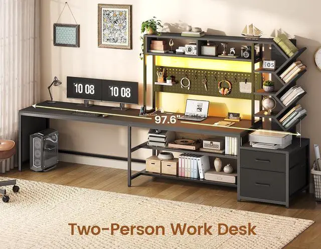 Alt view image 2 of 7 - L Shaped Gaming Desk with Hutch, Convertible 97.6" Two Person Office Desk with Drawers and Bookshelf, Corner Computer Desk with Power Outlet, LED Lights, Black