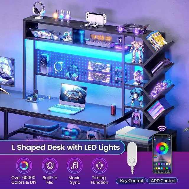 Alt view image 5 of 7 - L Shaped Gaming Desk with Hutch, Convertible 97.6" Two Person Office Desk with Drawers and Bookshelf, Corner Computer Desk with Power Outlet, LED Lights, Black