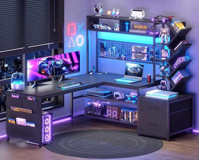 Main image of L Shaped Gaming Desk with Hutch, Convertible 97.6" Two Person Office Desk with Drawers and Bookshelf, Corner Computer Desk with Power Outlet, LED Lights, Black