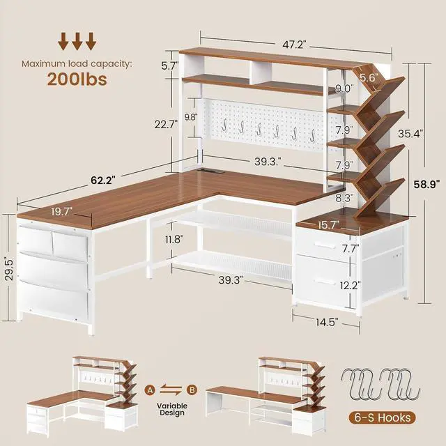 Alt view image 2 of 7 - L Shaped Gaming Desk with Hutch, Convertible 97.6" Two Person Office Desk with Drawers and Bookshelf, Corner Computer Desk with Power Outlet, LED Lights, White