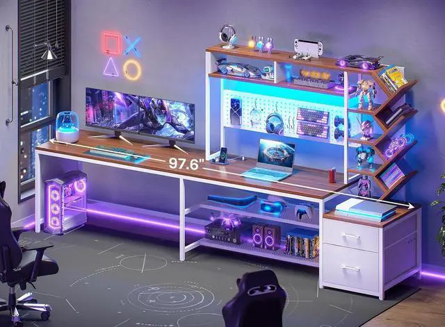 Alt view image 5 of 7 - L Shaped Gaming Desk with Hutch, Convertible 97.6" Two Person Office Desk with Drawers and Bookshelf, Corner Computer Desk with Power Outlet, LED Lights, White