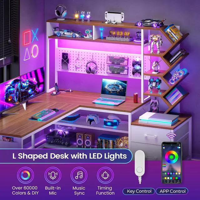 Alt view image 6 of 7 - L Shaped Gaming Desk with Hutch, Convertible 97.6" Two Person Office Desk with Drawers and Bookshelf, Corner Computer Desk with Power Outlet, LED Lights, White