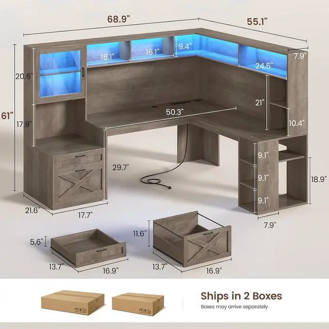 Alt view image 2 of 7 - Farmhouse L Shaped Computer Desk with Double Hutch, Storage Drawers | 68" Large L Shaped Corner Gaming Desk with LED Lights, Shelves, Display Cabinet, Power Outlet for Home Office, Grey