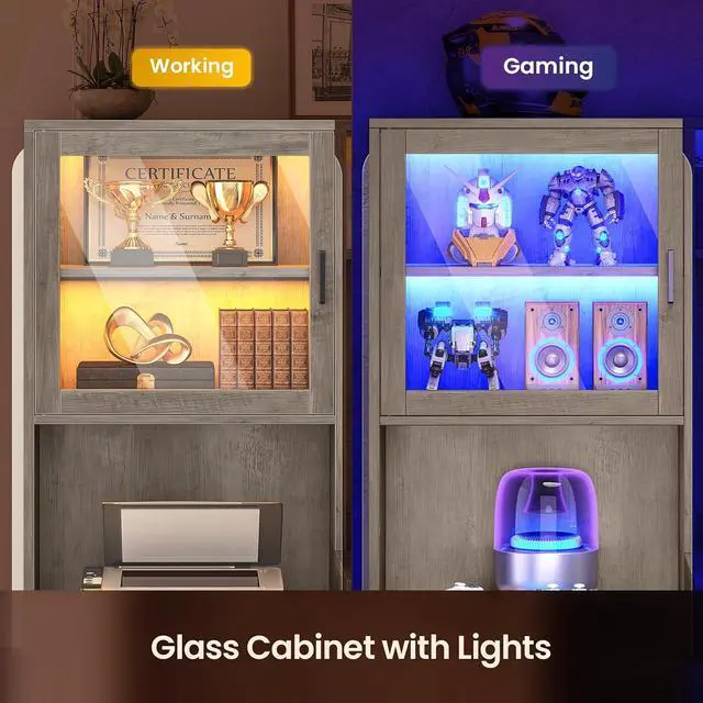 Alt view image 6 of 7 - Farmhouse L Shaped Computer Desk with Double Hutch, Storage Drawers | 68" Large L Shaped Corner Gaming Desk with LED Lights, Shelves, Display Cabinet, Power Outlet for Home Office, Grey