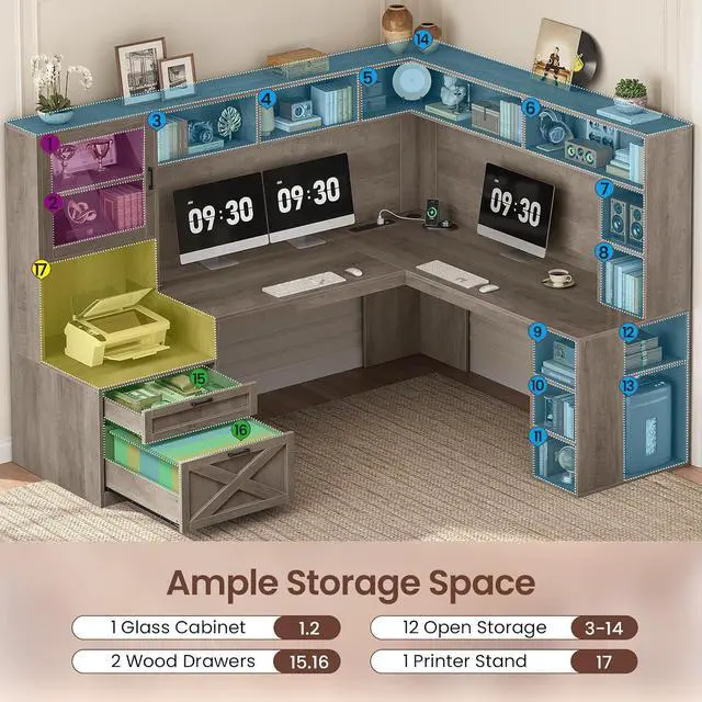 Alt view image 7 of 7 - Farmhouse L Shaped Computer Desk with Double Hutch, Storage Drawers | 68" Large L Shaped Corner Gaming Desk with LED Lights, Shelves, Display Cabinet, Power Outlet for Home Office, Grey