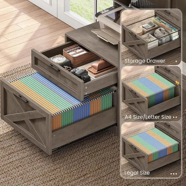 Alt view image 3 of 7 - Farmhouse L Shaped Computer Desk with Double Hutch, Storage Drawers | 68" Large L Shaped Corner Gaming Desk with LED Lights, Shelves, Display Cabinet, Power Outlet for Home Office, Grey