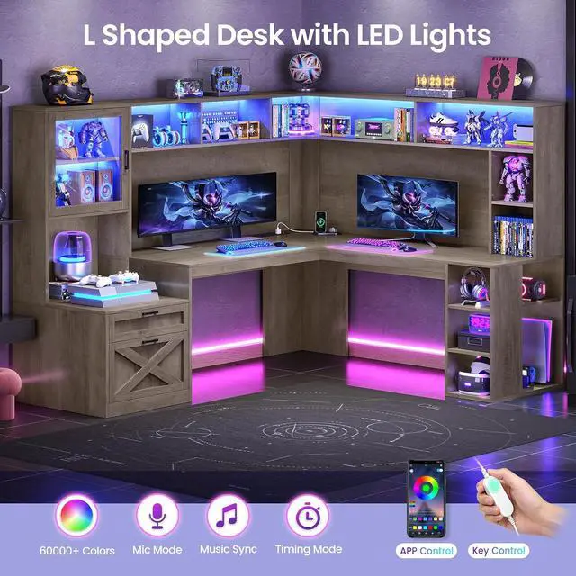 Alt view image 4 of 7 - Farmhouse L Shaped Computer Desk with Double Hutch, Storage Drawers | 68" Large L Shaped Corner Gaming Desk with LED Lights, Shelves, Display Cabinet, Power Outlet for Home Office, Grey