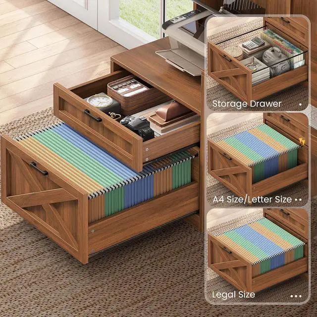 Alt view image 3 of 7 - Farmhouse L Shaped Computer Desk with Double Hutch, Storage Drawers | 68" Large L Shaped Corner Gaming Desk with LED Lights, Shelves, Display Cabinet, Power Outlet for Home Office, Brown