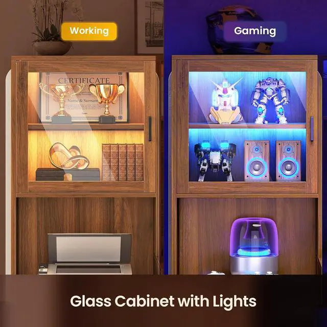 Alt view image 6 of 7 - Farmhouse L Shaped Computer Desk with Double Hutch, Storage Drawers | 68" Large L Shaped Corner Gaming Desk with LED Lights, Shelves, Display Cabinet, Power Outlet for Home Office, Brown