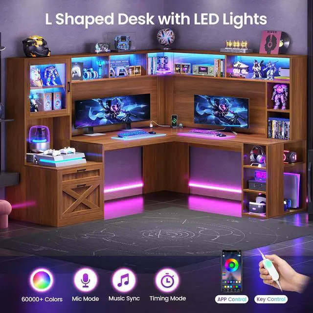 Alt view image 7 of 7 - Farmhouse L Shaped Computer Desk with Double Hutch, Storage Drawers | 68" Large L Shaped Corner Gaming Desk with LED Lights, Shelves, Display Cabinet, Power Outlet for Home Office, Brown