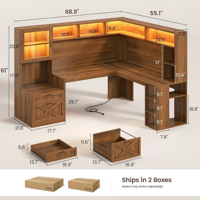 Alt view image 2 of 7 - Farmhouse L Shaped Computer Desk with Double Hutch, Storage Drawers | 68" Large L Shaped Corner Gaming Desk with LED Lights, Shelves, Display Cabinet, Power Outlet for Home Office, Brown