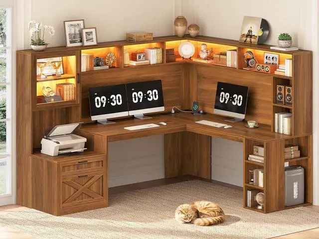 Main image of Farmhouse L Shaped Computer Desk with Double Hutch, Storage Drawers | 68" Large L Shaped Corner Gaming Desk with LED Lights, Shelves, Display Cabinet, Power Outlet for Home Office, Brown