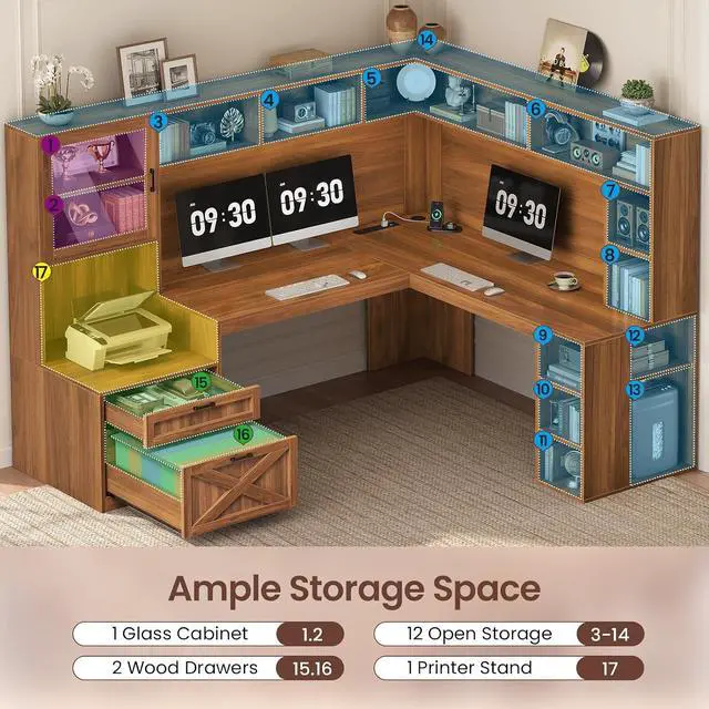 Alt view image 5 of 7 - Farmhouse L Shaped Computer Desk with Double Hutch, Storage Drawers | 68" Large L Shaped Corner Gaming Desk with LED Lights, Shelves, Display Cabinet, Power Outlet for Home Office, Brown