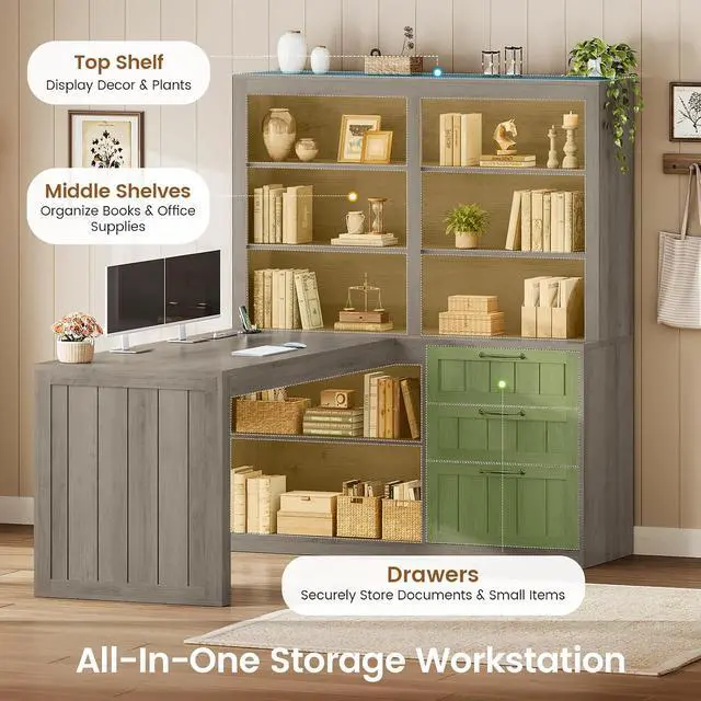 Alt view image 3 of 7 - Farmhouse L Shaped Computer Desk, 59'' Wood Office Desk with 3 Drawers and 5-Tier Bookshelf, Corner Desk with Storage Shelves and Power Outlet for Home Office Small Space, Black + Grey