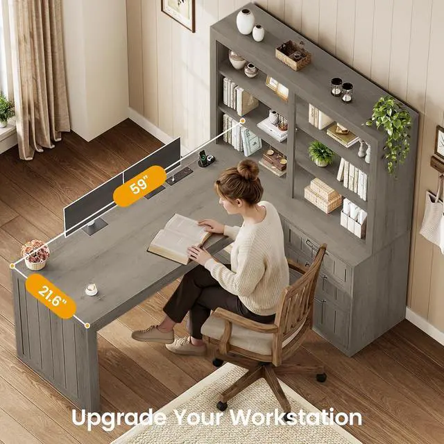 Alt view image 5 of 7 - Farmhouse L Shaped Computer Desk, 59'' Wood Office Desk with 3 Drawers and 5-Tier Bookshelf, Corner Desk with Storage Shelves and Power Outlet for Home Office Small Space, Black + Grey