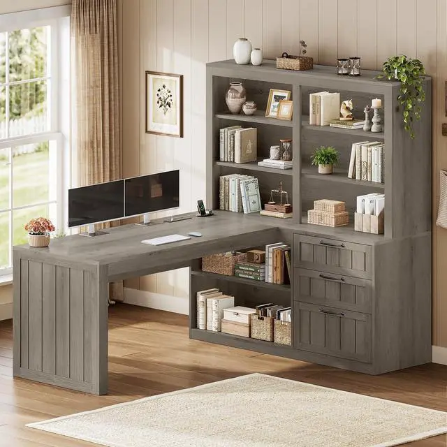 Main image of Farmhouse L Shaped Computer Desk, 59'' Wood Office Desk with 3 Drawers and 5-Tier Bookshelf, Corner Desk with Storage Shelves and Power Outlet for Home Office Small Space, Black + Grey