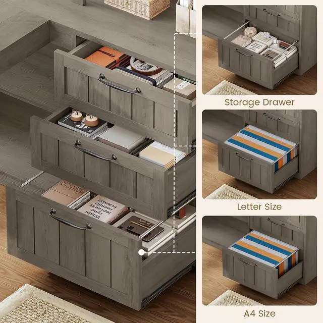 Alt view image 6 of 7 - Farmhouse L Shaped Computer Desk, 59'' Wood Office Desk with 3 Drawers and 5-Tier Bookshelf, Corner Desk with Storage Shelves and Power Outlet for Home Office Small Space, Black + Grey
