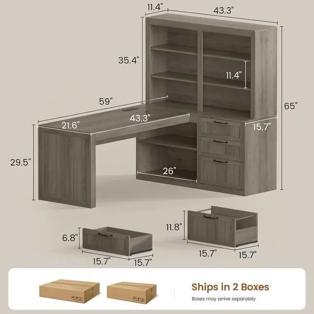 Alt view image 2 of 7 - Farmhouse L Shaped Computer Desk, 59'' Wood Office Desk with 3 Drawers and 5-Tier Bookshelf, Corner Desk with Storage Shelves and Power Outlet for Home Office Small Space, Black + Grey