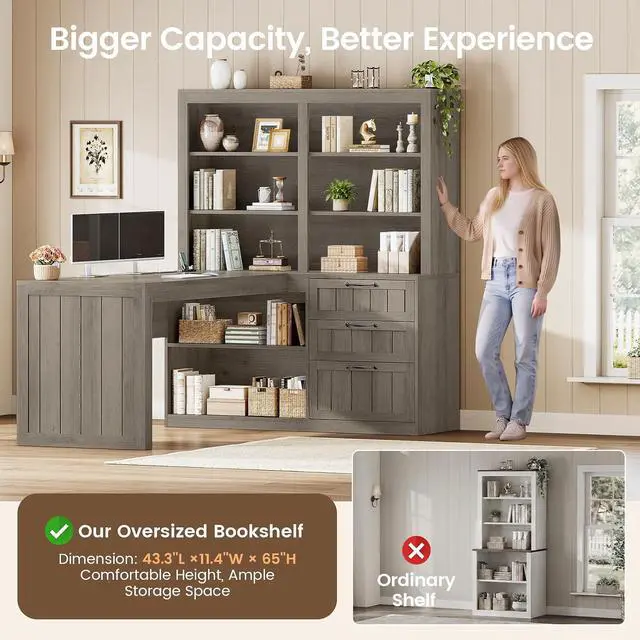 Alt view image 7 of 7 - Farmhouse L Shaped Computer Desk, 59'' Wood Office Desk with 3 Drawers and 5-Tier Bookshelf, Corner Desk with Storage Shelves and Power Outlet for Home Office Small Space, Black + Grey