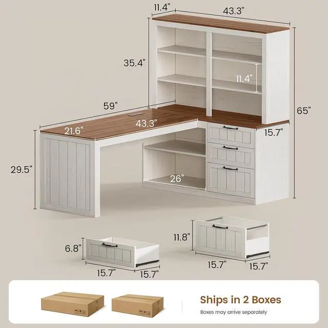 Alt view image 2 of 7 - Farmhouse L Shaped Computer Desk, 59'' Wood Office Desk with 3 Drawers and 5-Tier Bookshelf, Corner Desk with Storage Shelves and Power Outlet for Home Office Small Space, White