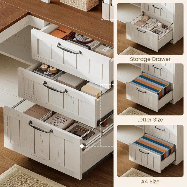 Alt view image 4 of 7 - Farmhouse L Shaped Computer Desk, 59'' Wood Office Desk with 3 Drawers and 5-Tier Bookshelf, Corner Desk with Storage Shelves and Power Outlet for Home Office Small Space, White