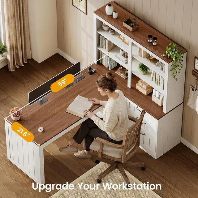 Alt view image 3 of 7 - Farmhouse L Shaped Computer Desk, 59'' Wood Office Desk with 3 Drawers and 5-Tier Bookshelf, Corner Desk with Storage Shelves and Power Outlet for Home Office Small Space, White