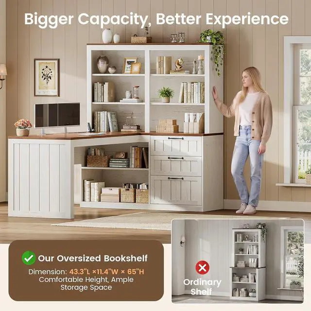 Alt view image 6 of 7 - Farmhouse L Shaped Computer Desk, 59'' Wood Office Desk with 3 Drawers and 5-Tier Bookshelf, Corner Desk with Storage Shelves and Power Outlet for Home Office Small Space, White