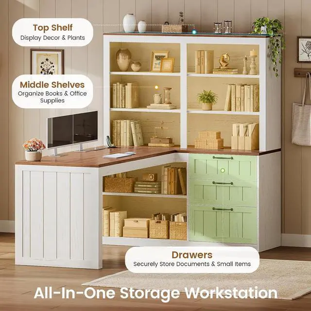 Alt view image 7 of 7 - Farmhouse L Shaped Computer Desk, 59'' Wood Office Desk with 3 Drawers and 5-Tier Bookshelf, Corner Desk with Storage Shelves and Power Outlet for Home Office Small Space, White