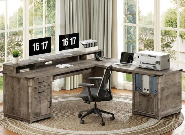 Main image of 69" Executive L Shaped Desk with Drawer, Home Office Desk with Charging Station, Corner Computer Desk with Monitor Stand, File Drawer, Storage Cabinet, Greige